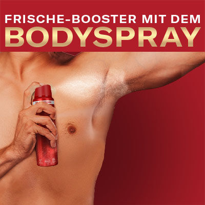 Mann sprüht Old Spice Bodyspray unter den Arm, Text: ‚Frische-Booster mit dem Bodyspray‘ in Gold.