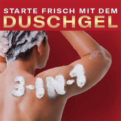 Person wäscht Haare mit Old Spice Duschgel, ‚3-IN-1‘ im Schaum, Text: ‚Starte frisch mit dem Duschgel‘.“