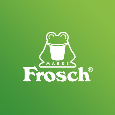 Frosch Markenlogo mit Frosch-Symbol auf grünem Hintergrund, steht für nachhaltige Haushaltsreiniger und ökologische Marke