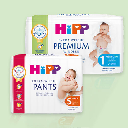 Windeln und Pants von der Marke Hipp auf grünem Hintergrund- linkt zu allen Hipp Windeln und Pants im Bipa Online Shop