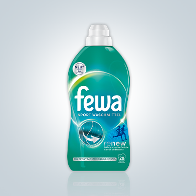 Fewa Sport Waschmittel für 20 Wäschen im grün-blauen Design – speziell für Sportkleidung & Funktionsfasern. - Link zur Markenseite/Sport Waschmittel