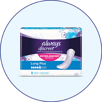 Always Discreet Inkontinenz-Slipeinlagen Long Plus, diskreter Schutz bei Blasenschwäche. Link zur Markenseite/Blasenschwäche