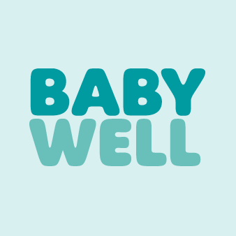 BABY WELL Logo in blauen Rundbuchstaben auf türkisem Hintergrund – Marke für Babypflegeprodukte.