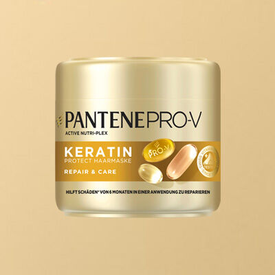 Pantene Pro-V Keratin Repair & Care Haarkur im goldenen Tiegel – intensive Pflege für geschädigtes Haar.