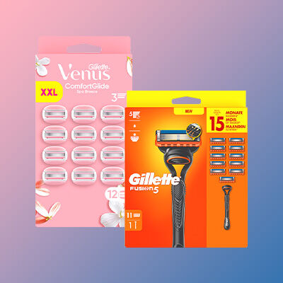 Gillette Großpackungen– umfassende Auswahl an Rasierern, Klingen und Pflegeprodukten für Männer und Frauen.