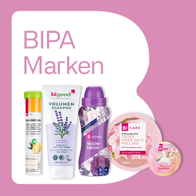 Grafik mit rosafarbenem Hintergrund und mehreren BIPA‑Eigenmarken‑Pflegeprodukten unter der Überschrift „BIPA Marken“