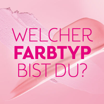 Make-up-Farbmuster in Pink und Pfirsich auf rosa Hintergrund mit Text ‚Welcher Farbtyp bist du?‘ – Link zu Farbtypberatung & Beauty-Tipps.
