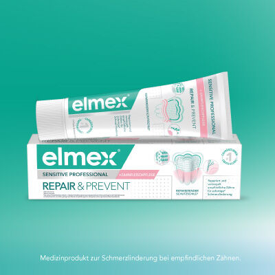 Elmex Sensitive Professional Repair & Prevent Zahnpasta für empfindliche Zähne, lindert Schmerzen sofort und beugt Zahnfleischrückgang vor.