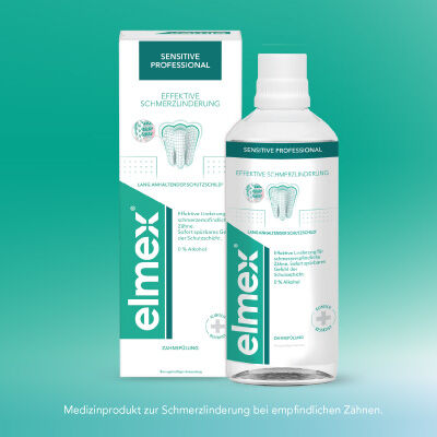 Elmex Sensitive Professional Mundspülung für empfindliche Zähne, bietet effektive Schmerzlinderung und lang anhaltenden Schutz.