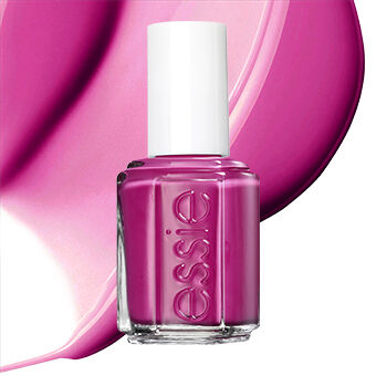 Essie Nagellackflasche in Pink mit weißem Deckel vor Farbmuster – ideal für leuchtende, trendige Maniküren..
