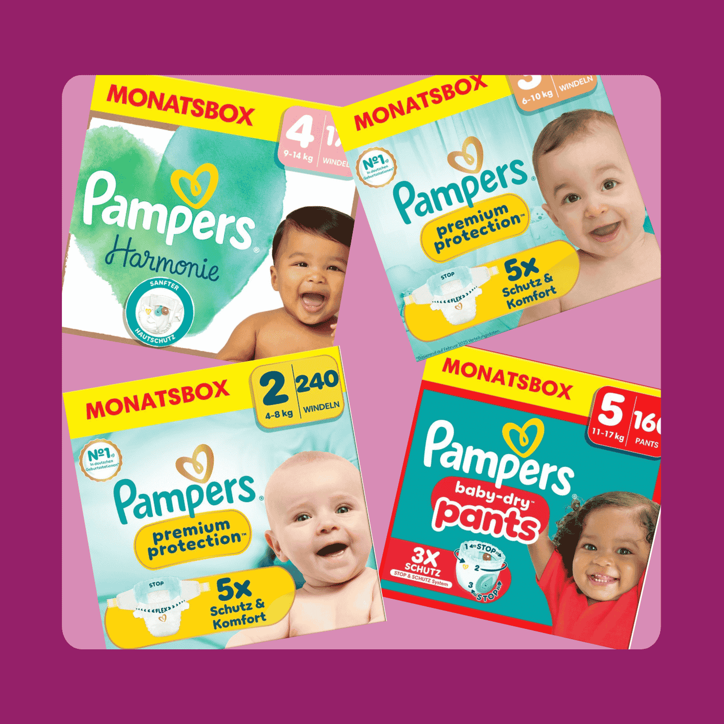 Pampers Monatsboxen in verschiedenen Größen (Premium Protection, Harmonie und Pants) auf farbigem Hintergrund mit Hinweis „€10 sparen“