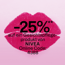 Werbebanner mit pinkem Kussmund und Text „-25% auf ein Gesichtspflegeprodukt von Nivea, Online Code: 4388“