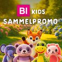 BI Kids Logo mit Plüschfiguren im Wald: „Sammle deine Kuschelhelden“ und Hinweis