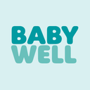 BABY WELL Logo in blauen Rundbuchstaben auf türkisem Hintergrund – Marke für Babypflegeprodukte.