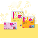 Drei Packungen Damenbinden in Normal, Super und Slipeinlagen – farbig, mit Blumenmotiv, für individuellen Periodenschutz.