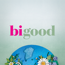 bi good Logo mit bunten Blumen und blauer Erdkugel auf grünem Verlauf – nachhaltige Naturkosmetik-Marke von BIPA.