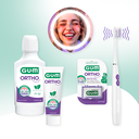 GUM Ortho Zahnpflegeprodukte – Mundspülung, Zahnpasta, Zahnspangenwachs & Schallzahnbürste auf grünem Hintergrund.