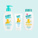 Pflegeprodukte von Babywell auf blauem Hintergrund – Kategorie für Babybad, Pflegeprodukte und sanfte Hautreinigung.