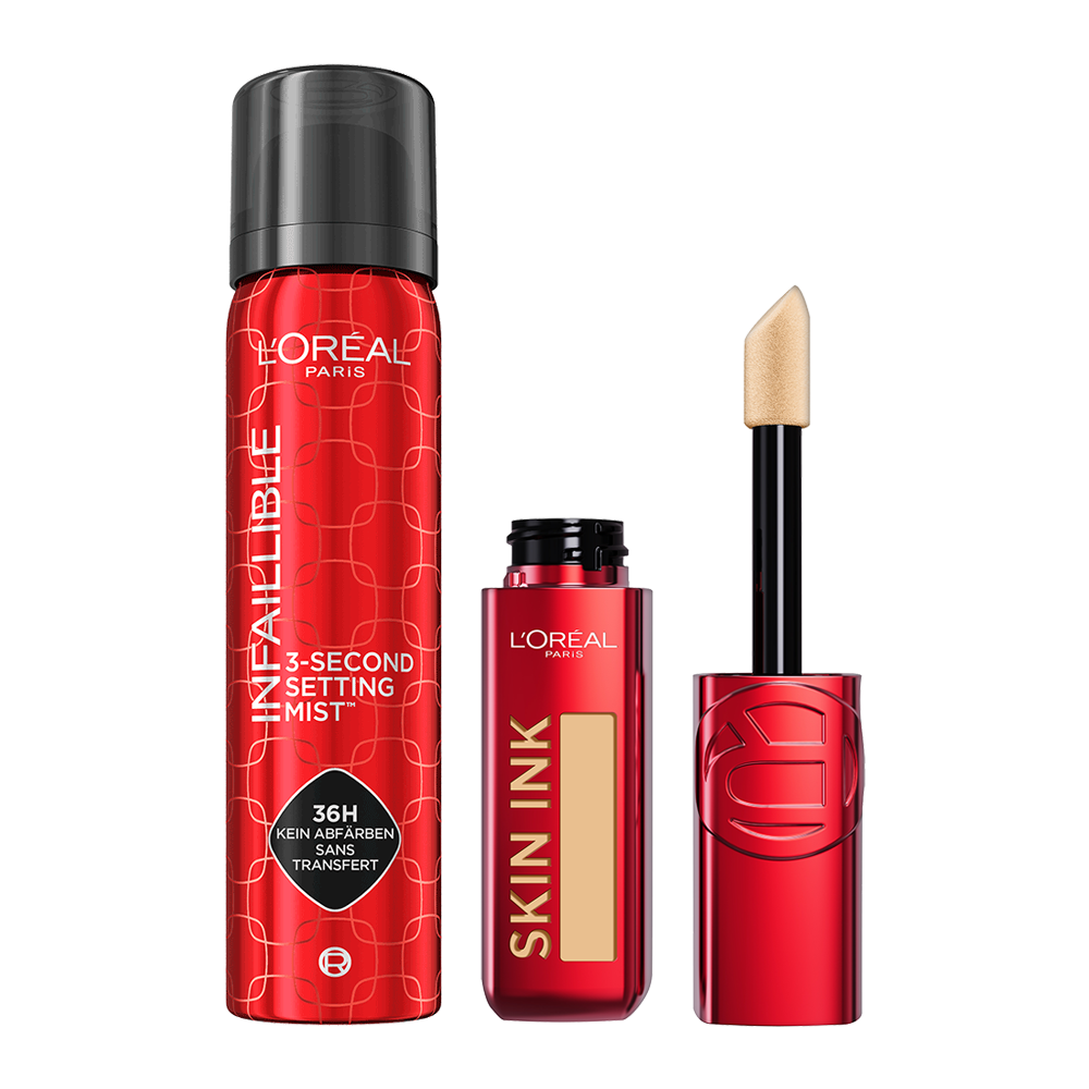 L’Oréal Infallible Setting Mist & Skin Ink Lippenstift in Rot – 36h Halt für perfektes Make-up-Finish.