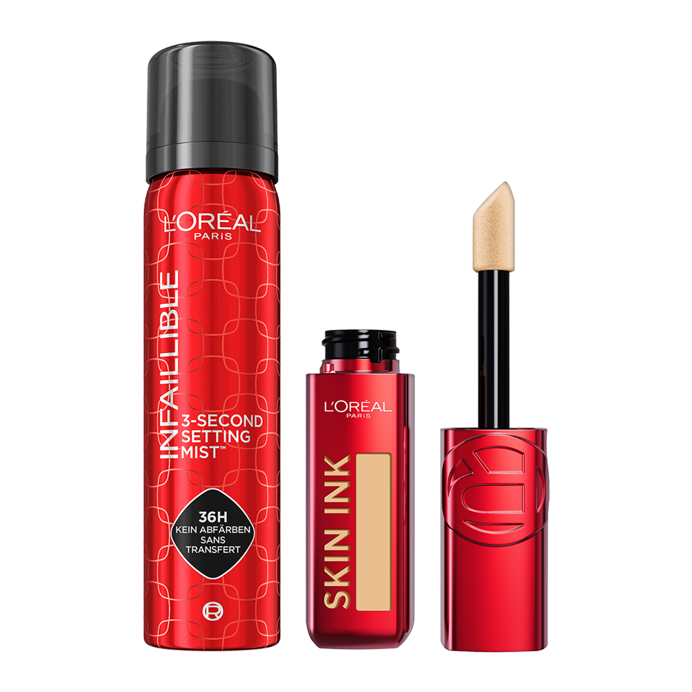 L’Oréal Infallible Setting Mist & Skin Ink Lippenstift in Rot – 36h Halt für perfektes Make-up-Finish.
