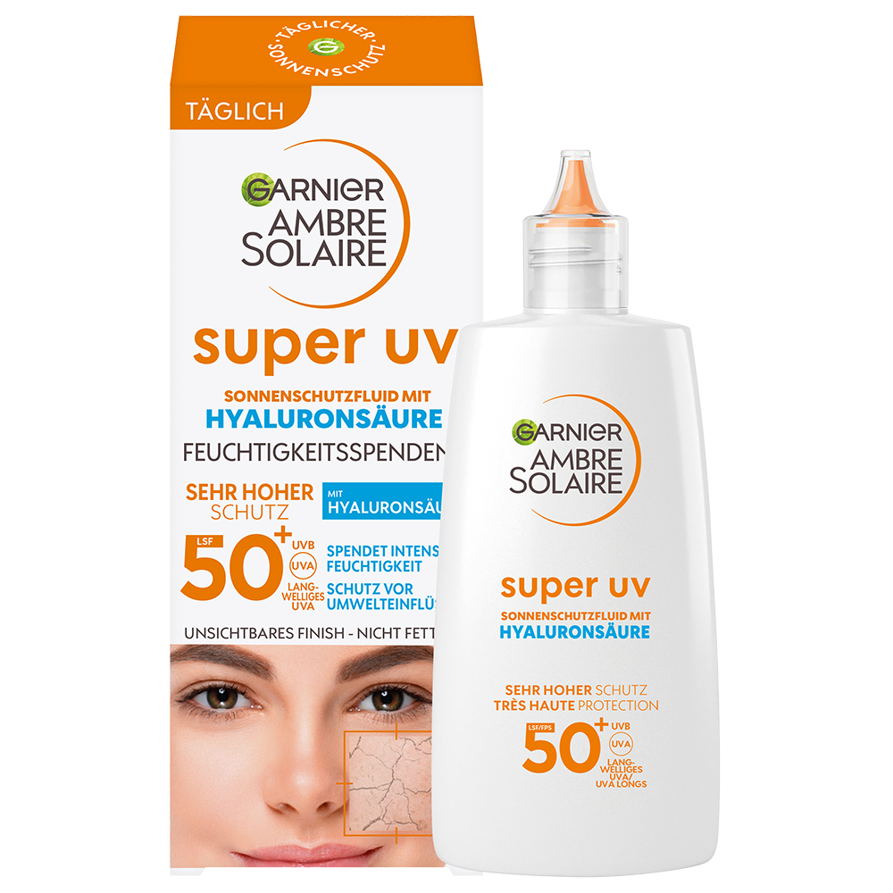 Garnier Ambre Solaire UV-Fluid Fürs Gesicht, LSF 50+ – Extra Leicht, Mit Hyaluron, Für Sensible Haut, 50 Ml