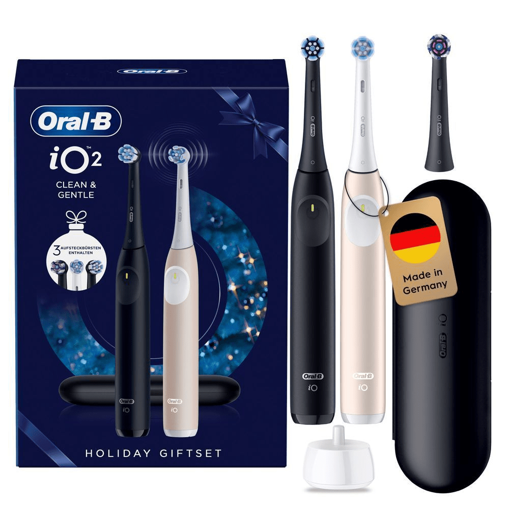 Oral-B iO2 Holiday Giftset mit zwei Handstücken in Schwarz und Roségold, inklusive Reiseetui "Made in Germany".