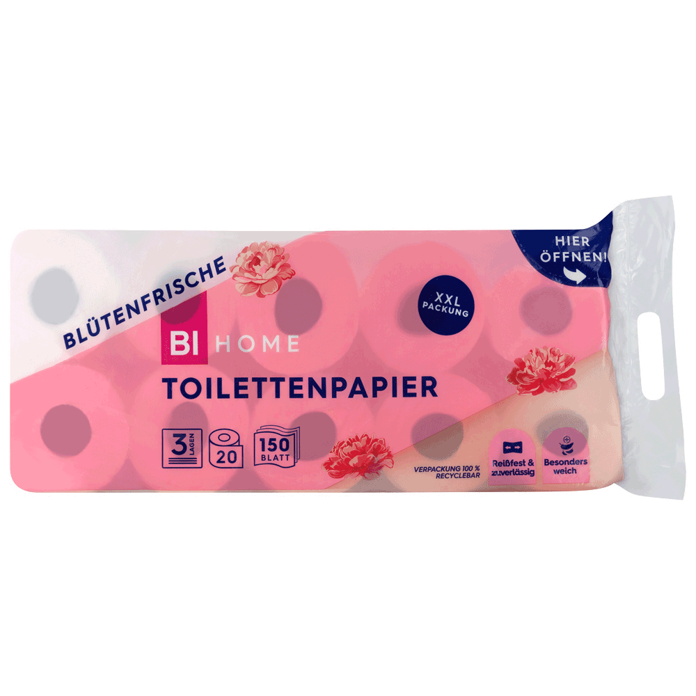 Bild: BI HOME Toilettenpapier 20x150 Blatt 3-lagig XXL Großpackung