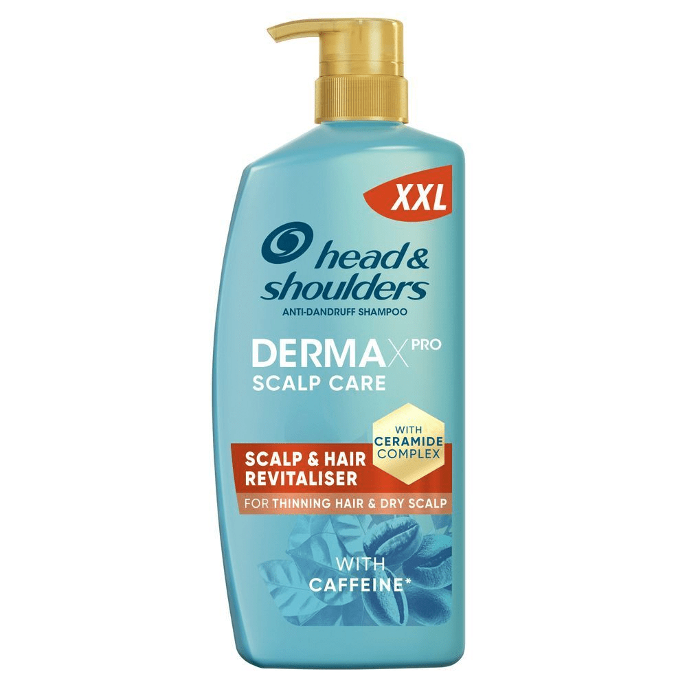 Head & Shoulders DERMAXPRO SCALP CARE Shampoo (XXL) mit Ceramid-Komplex und Koffein, revitalisiert dÃ¼nner werdendes Haar und trockene Kopfhaut. [DA] Head & Shoulders DERMAXPRO SCALP CARE SCALP & HAIR REVITALISER i XXL-stÃ¸rrelse til tyndt hÃ¥r og tÃ¸r hovedbund med ceramidkompleks. [SV] Head & Shoulders DERMAXPRO Scalp Care schampo i XXL-storlek, en revitaliserare fÃ¶r tunt hÃ¥r och torr hÃ¥rbotten med ceramidkomplex och koffein. [FI] Head & Shoulders DERMAXPRO SCALP CARE SCALP & HAIR REVITALISER -shampoo, XXL-pakkaus oheneville hiuksille ja kuivalle pÃ¤Ã¤nahalle keramidikompleksilla ja kofeiinilla.