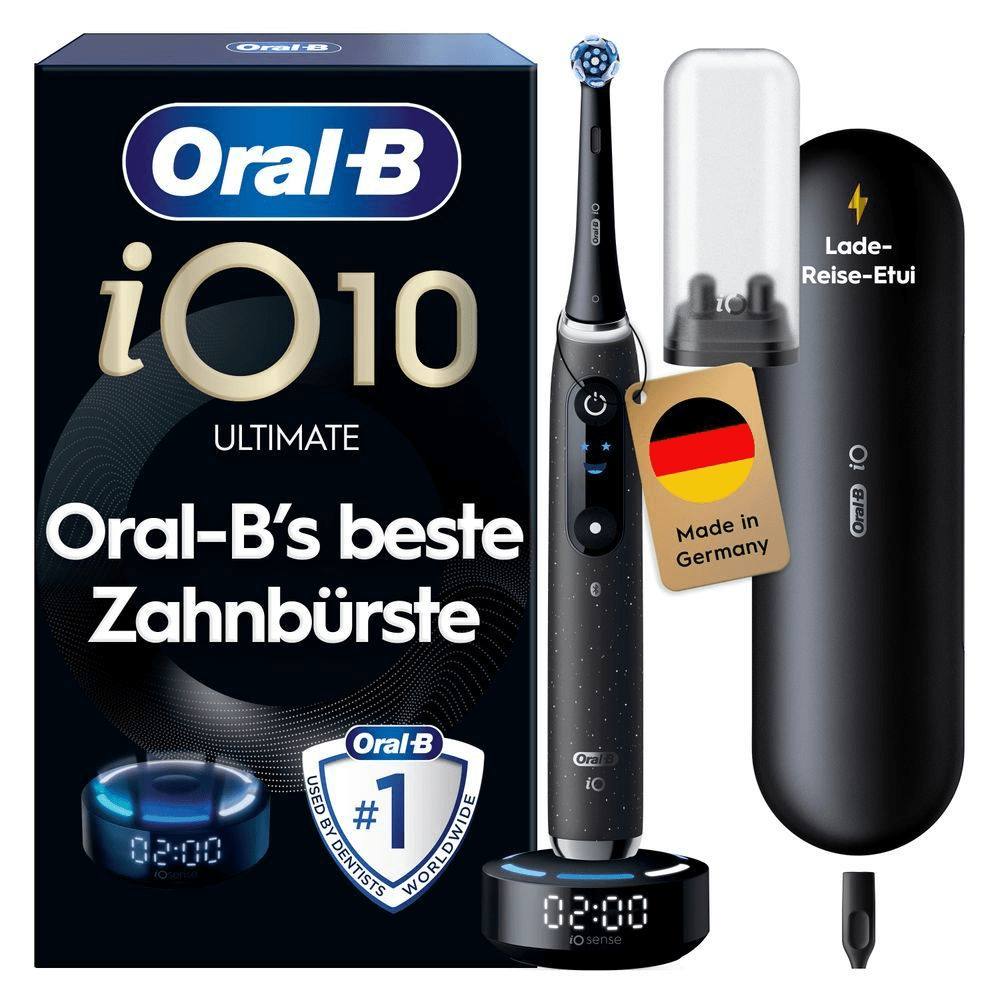 Oral-B iO 10 Ultimate Zahnbürste, mit Verpackung, Lade-Reise-Etui und dem Hinweis Oral-Bâs beste Zahnbürste. Mit Made in Germany Anhänger.