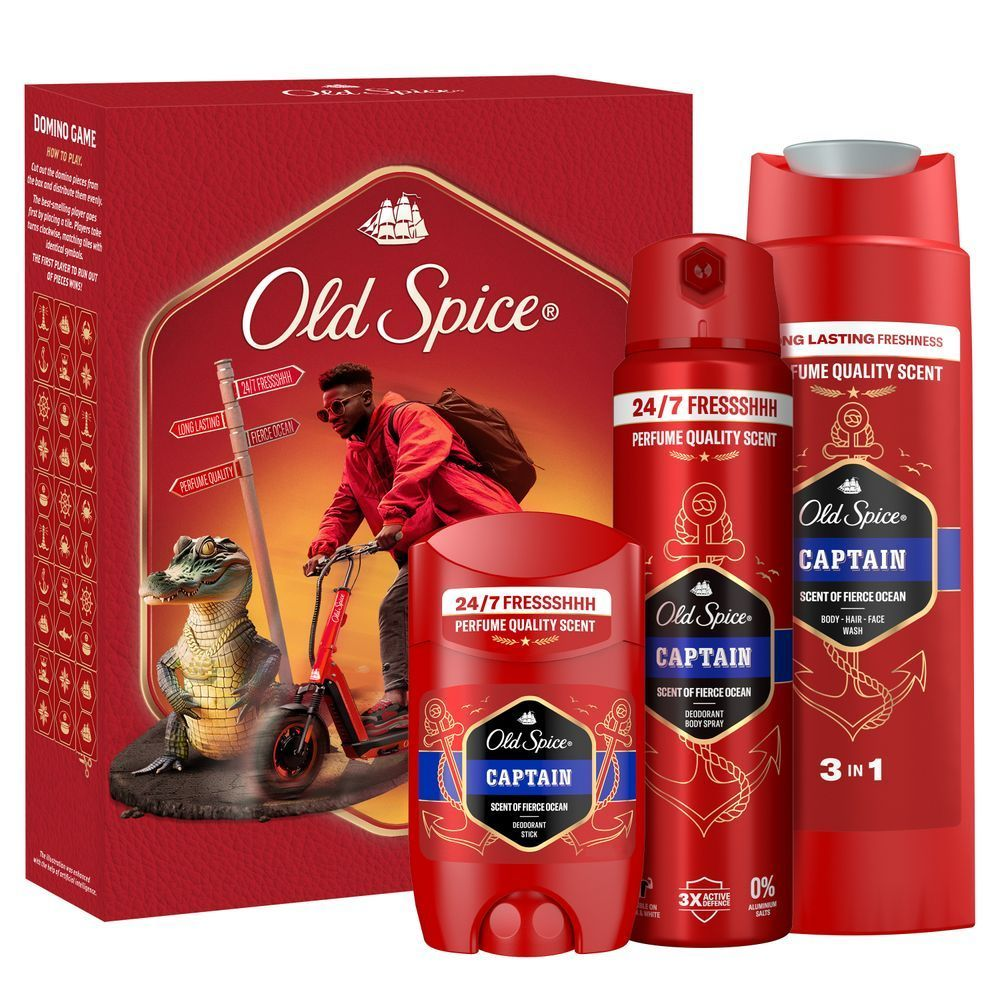 Old Spice Captain Geschenkset, inklusive Deodorant-Stick, KÃ¶rperspray und 3-in-1 Duschgel, mit dem Hinweis "24/7 FRESSSHHH Perfume Quality Scent".