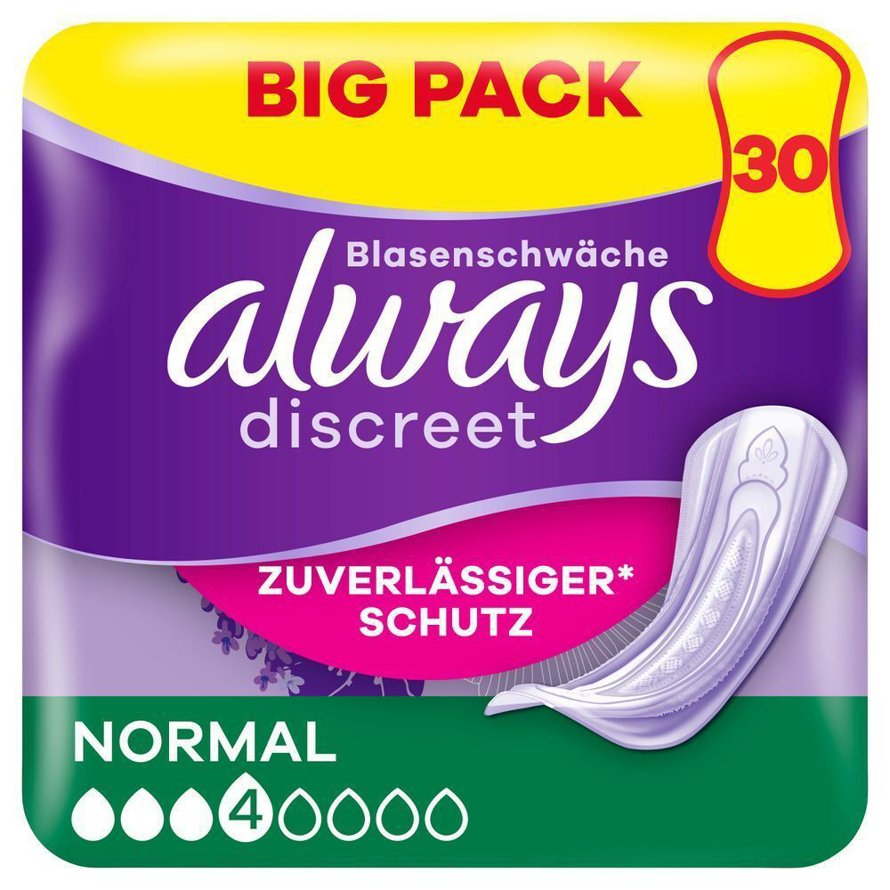 Always Discreet Einlagen für Blasenschwäche, Normal, 4 Stück, Big Pack mit 30 Stück, zuverlässiger Schutz