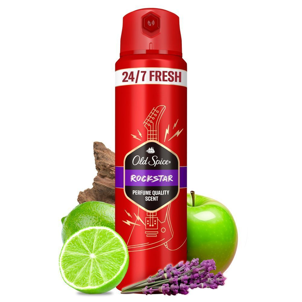 Old Spice Rockstar Deodorant Körperspray, hervorgehoben mit dem Versprechen "24/7 Fresh" auf der Dose. [ES] Old Spice Rockstar desodorante en aerosol, con la etiqueta "24/7 Fresh" y aroma con calidad de perfume. [PT] Old Spice Shower Gel  Rockstar desodorante em spray, destacando a promessa de 24/7 FRESH (frescor 24 horas por dia, 7 dias por semana).;