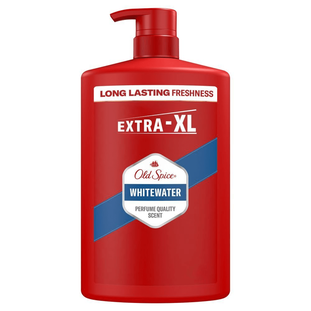 Old Spice Whitewater Duschgel in Extra-XL-Größe, hervorgehoben wird die "Long Lasting Freshness" (langanhaltende Frische). [ES] Old Spice Whitewater, tamaño Extra-XL, con el reclamo "Long Lasting Freshness" (Frescura Duradera) destacado en el empaque rojo. [FR] Old Spice Whitewater, gel douche 3 en 1 pour corps, cheveux et visage, avec une fraîcheur longue durée.
