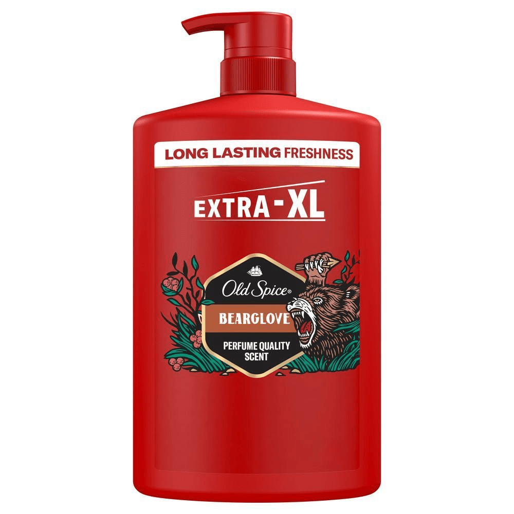 Old Spice Bearglove Duschgel in der Extra-XL-GröÃe mit dem Hinweis Long Lasting Freshness (Lang anhaltende Frische).