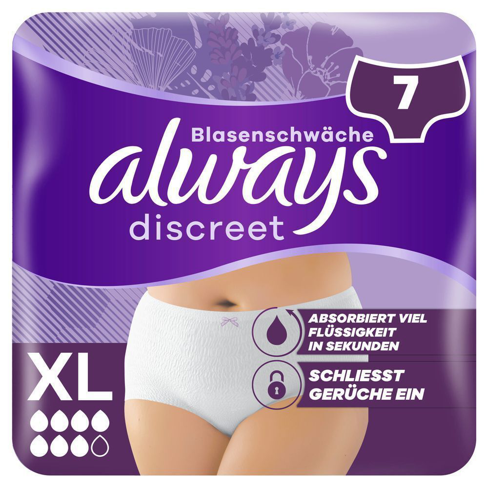 Always Discreet Höschen XL, 7 Tropfen, 7 Stück, absorbiert viel Flüssigkeit in Sekunden, schließt Gerüche ein