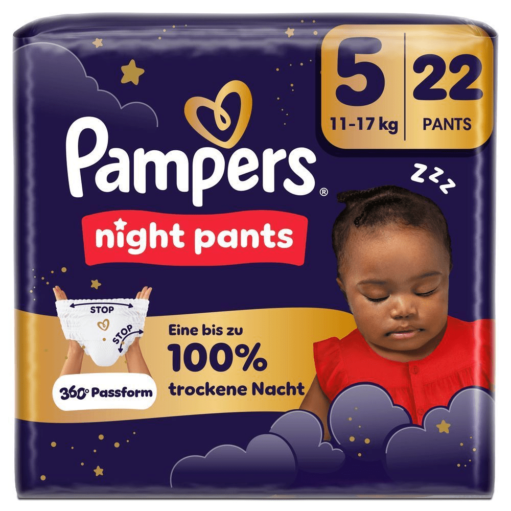 Pampers Night Pants Größe 5, 22 Stück, mit dem Aufdruck "Bis zu 100% trockene Nacht".
