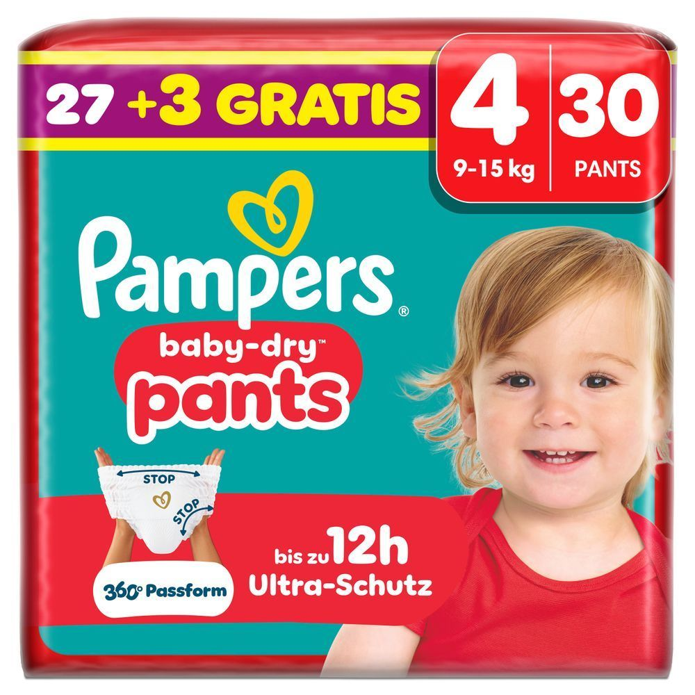Pampers Baby-Dry pants Gr. 4, 9-15 kg, 27+3 GRATIS (30 Windeln), bis zu 12h Ultra-Schutz.