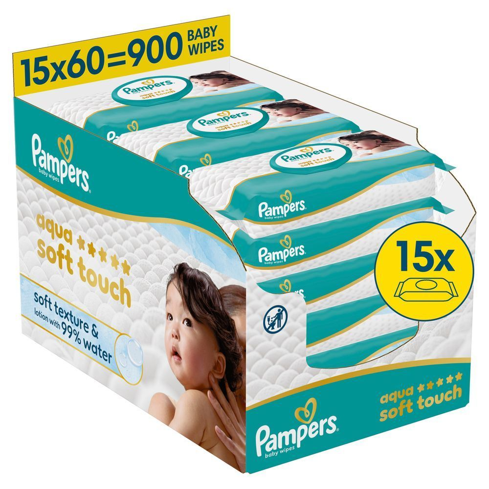 Pampers Aqua Soft Touch Feuchttücher, 15x60 = 900 Stück, unsere beste Reinigung und Hautschutz [RO] Pampers Aqua Pure șervețele pentru bebeluși, pachet de 15, cu loțiune și textură delicată ce conține 99% apă. [HR] Pampers Aqua Soft Touch vlažne maramice, pakiranje 15x60 (900 komada). [CS] Pampers dětské ubrousky Aqua Soft Touch, balení 15x60 = 900 ks. [HU] Pampers aqua soft touch baba törlőkendő, 900 db-os kiszerelés, 99% vízzel. [SK] Pampers Aqua Soft Touch obrúsky, balenie 15x60=900 kusov. [SL] Pampers Aqua Soft Touch vlažilni robčki, paket 15x60=900, z 99% vode.