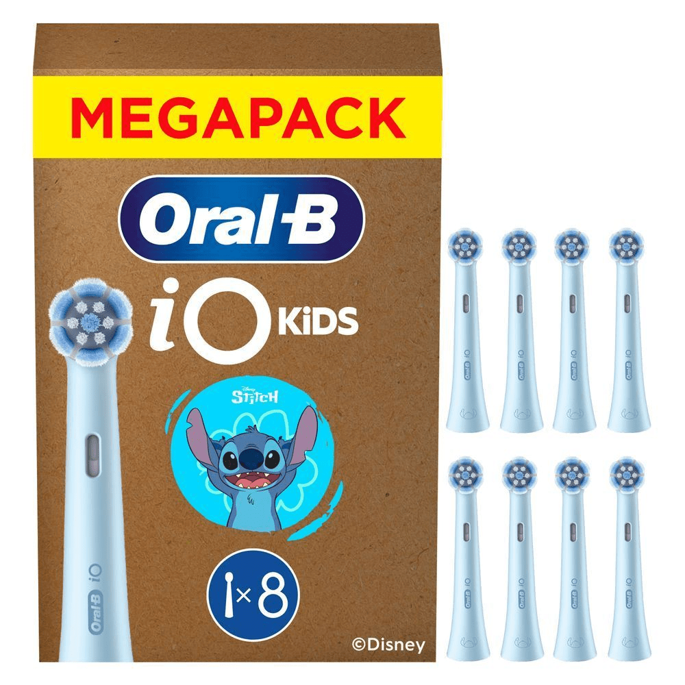 Oral-B iO Kids Aufsteckbürsten Megapackung mit Stitch-Motiv, mit acht Aufsteckbürsten.