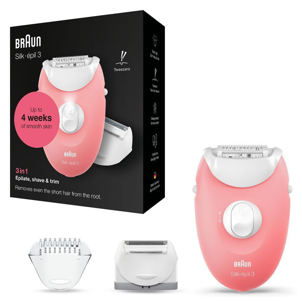 Braun Silk-épil 3 Epilierer mit Verpackung, die "Bis zu 4 Wochen glatte Haut" hervorhebt. [RO] Braun Silk-épil 3 prezentat cu ambalajul său, evidențiind promisiunea de până la 4 săptămâni de piele fină.;