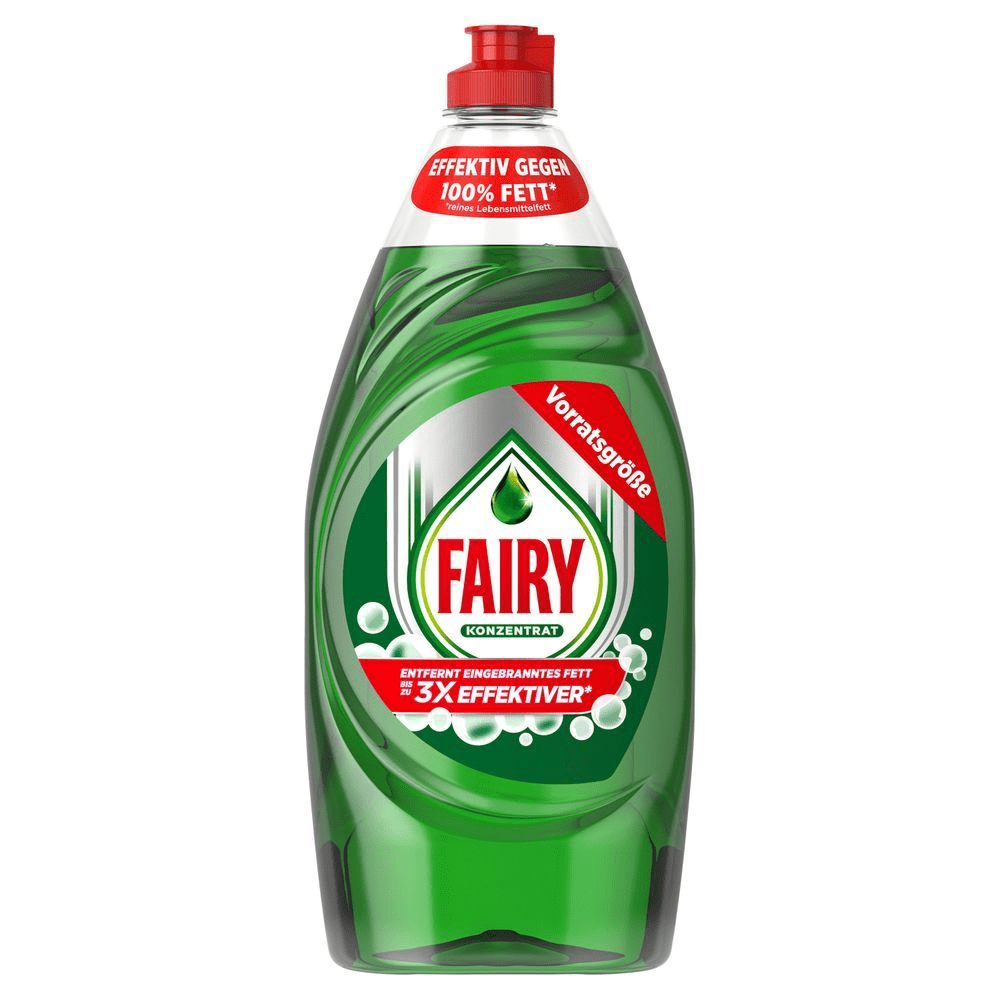 Fairy Handgeschirrspülmittel Flasche, Konzentrat, hervorgehoben wird die Aussage Entfernt eingebranntes Fett bis zu 3x effektiver. [IT] Fairy concentrato detersivo piatti in confezione formato scorta, efficace contro il 100% del grasso alimentare e 3 volte più efficace contro il grasso bruciato.