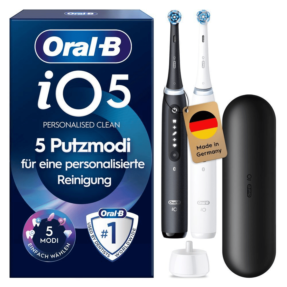 Oral-B iO5 Zahnbürste mit Verpackung, die 5 Putzmodi für eine personalisierte Reinigung hervorhebt. Mit Made in Germany Anhänger.