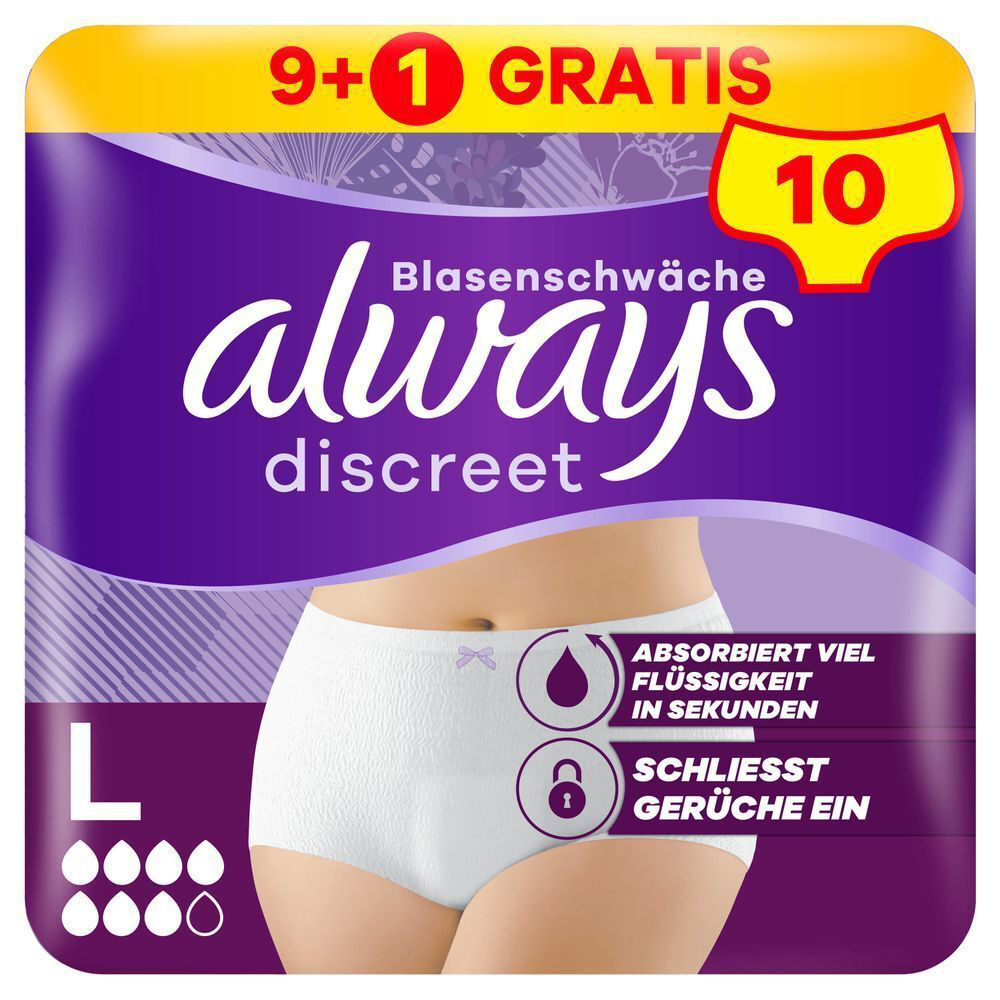 Always Discreet Höschen bei Blasenschwäche, Größe L, 9+1 Gratis = 10 Stück absorbiert viel Flüssigkeit in Sekunden, schließt  Gerüche ein