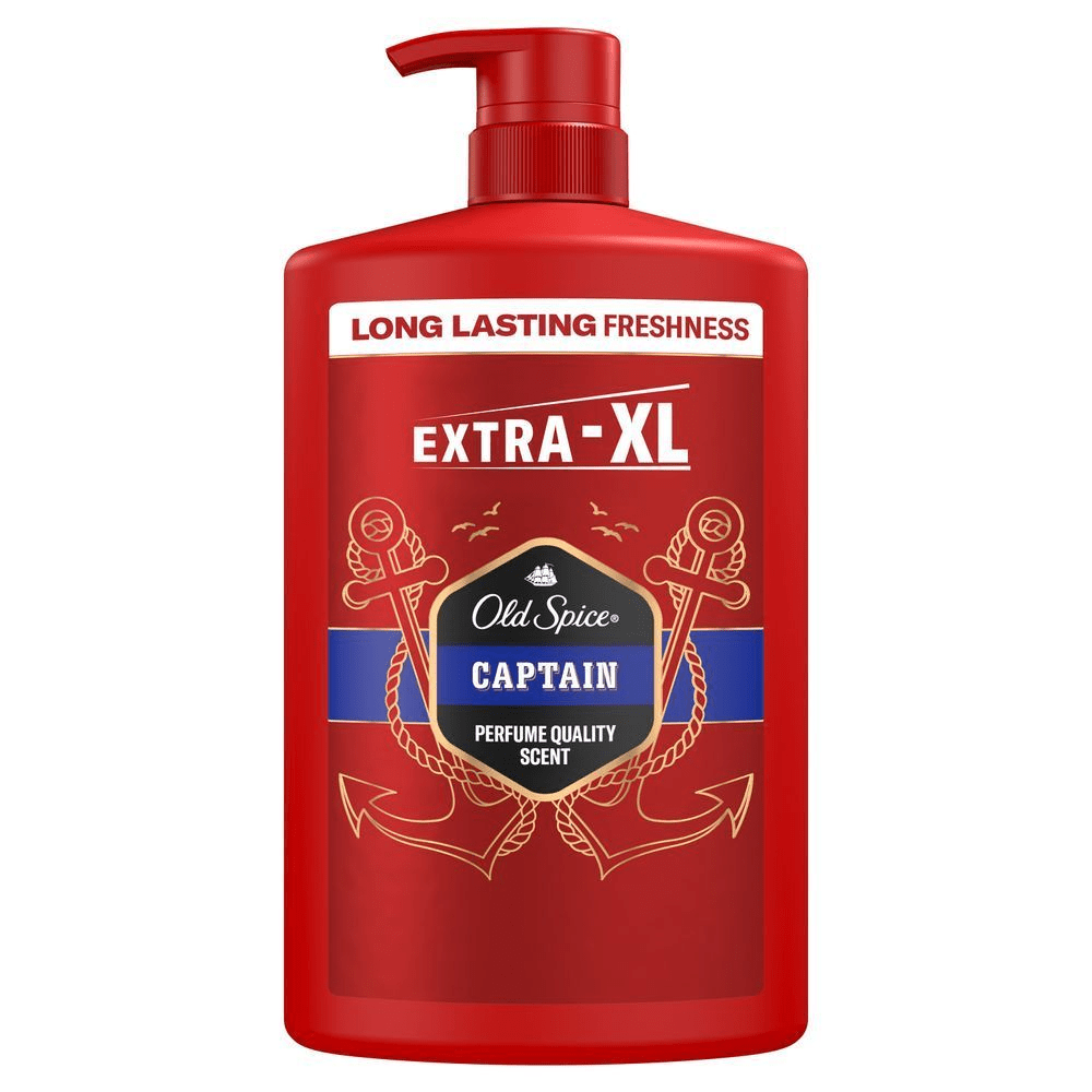 Old Spice Captain Duschgel in Extra-XL Größe, hervorgehoben wird "Long Lasting Freshness" und "Perfume Quality Scent". [ES] Old Spice Captain Extra-XL con "Long Lasting Freshness" (Frescura duradera) y aroma con calidad de perfume. [PT] Old Spice Shower Gel Captain, tamanho Extra-XL, com destaque para a promessa de "Long Lasting Freshness" (Frescor Duradouro). [FR] Old Spice Captain, gel douche 3 en 1 pour corps, cheveux et visage, avec une fraîcheur longue durée.