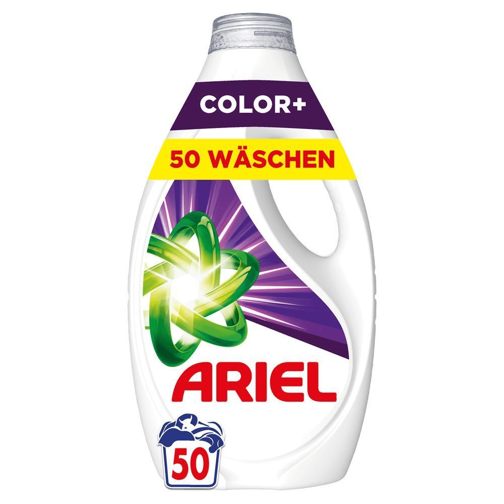 Ariel Color+ Flüssigwaschmittel, Flasche mit der Aufschrift „50 Wäschen“ für strahlenden Farbschutz. [EN] Ariel Color+ liquid laundry detergent, bottle marked "50 washes" for vibrant color protection. [IT] Detersivo liquido per bucato Ariel Color+, flacone con la dicitura "50 lavaggi" per una protezione brillante dei colori.;