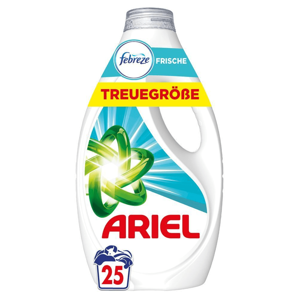 Ariel Flüssigwaschmittel Febreze Frische, Familiengröße, für 25 Waschladungen, sorgt für lang anhaltende Frische.
Text ist abgebildet: "TREUEGRÖßE"
 [EN] Ariel Liquid detergent Febreze Freshness, family size, for 25 washes, providing long-lasting freshness. [IT] Detersivo liquido Ariel Febreze Freshness, formato famiglia, per 25 lavaggi, per una freschezza di lunga durata.;
