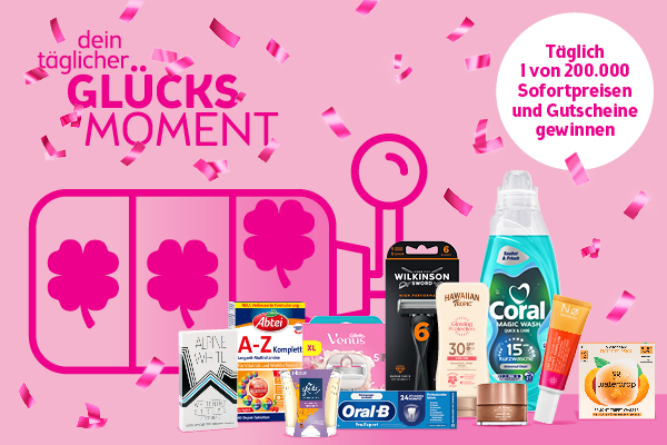 Werbebanner mit Zahnpasta, Shampoo und Medikamenten vor rosa Hintergrund. Text: 'dein täglicher GLÜCKSMOMENT Täglich über 200.000 Sofortgewinne und Gutscheine gewinnen.'