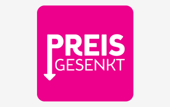 Grauer Hintergrund mit einem pinken Badge und dem Text "Preis Gesenkt"