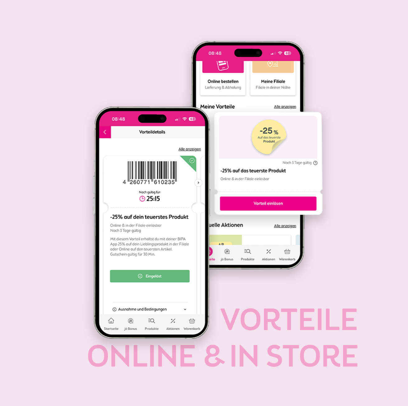 Zwei Smartphones zeigen Rabattaktionen für Maybelline und Nivea. Text: 'VORTEILE ONLINE & IN STORE'