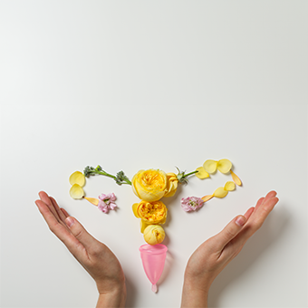 Kreative Darstellung des weiblichen Reproduktionssystems mit gelben Blüten und Menstruationstasse in Händen auf rosa Hintergrund.